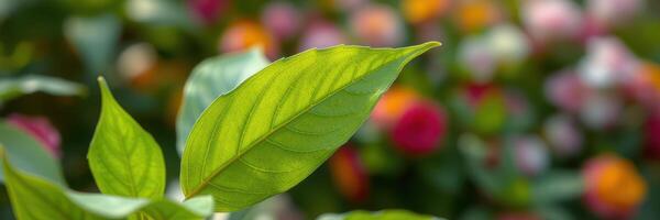 Bright green leaf with blurred colorful flowers in the background during a sunny day in a garden photo