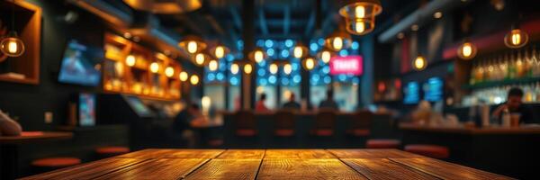 Ambient bar interior with illuminated hanging lights and wooden table at night photo