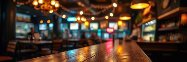 Cozy evening atmosphere in a dimly lit bar featuring wooden countertops and decorative lights photo