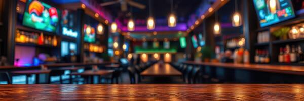 Modern bar interior with vibrant lighting and multiple screens showcasing sports events during evening hours photo