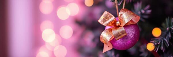 Colorful ornament with golden ribbon hanging on a Christmas tree surrounded by soft pink lights photo