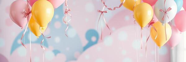 Colorful balloons adorn a festive room ready for a celebration with pastel colors and soft textures photo