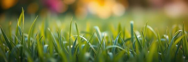 Fresh green grass sways gently in the warm sunlight during a serene afternoon in a lush garden paradise photo