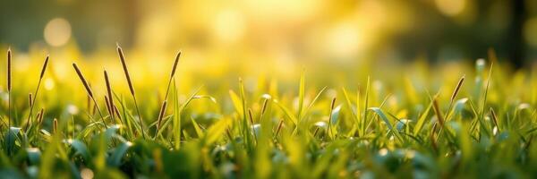 Sunlight filters through grass blades during golden hour at a serene outdoor location photo