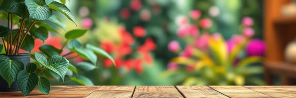 Beautifully arranged plants on a wooden table with a vibrant garden background during sunny daylight photo
