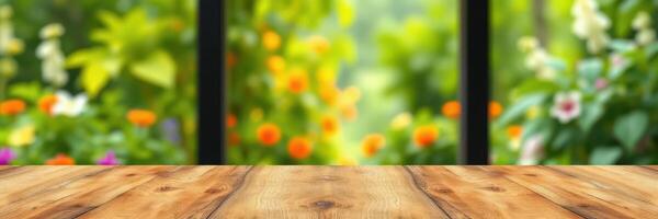 Beautiful wooden table with vibrant garden view in sunlight during midday photo