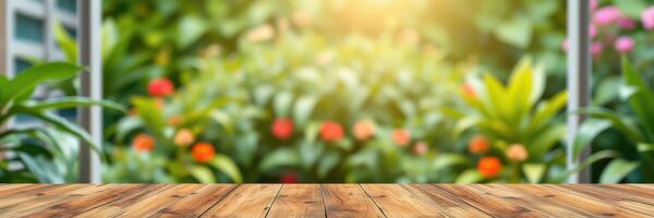 Beautiful garden setting with sunlit wooden table and vibrant flowers in the background during a peaceful afternoon photo
