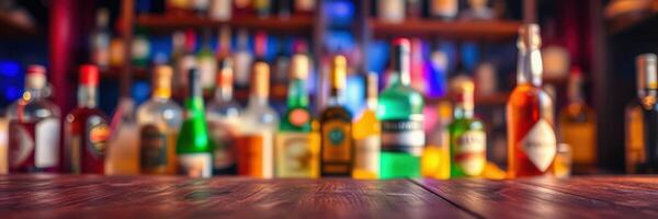 Colorful assortment of liquor bottles on a wooden bar counter in a vibrant nightlife setting photo