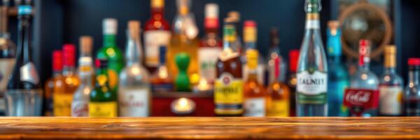 Vibrant bar atmosphere showcasing an array of spirits and mixers in a cozy venue photo