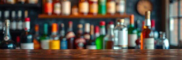Colorful collection of spirits displayed on shelves in a cozy bar setting during the evening ambiance photo