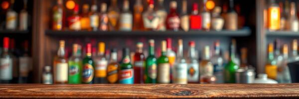 Bar counter with various colorful bottles neatly arranged on shelves in a cozy setting during evening hours photo