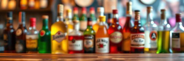 Colorful array of liquor bottles displayed on a wooden shelf in a lively bar setting at night photo