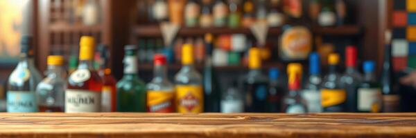 Selection of colorful liquor bottles on a bar shelf decorated with warm lighting photo