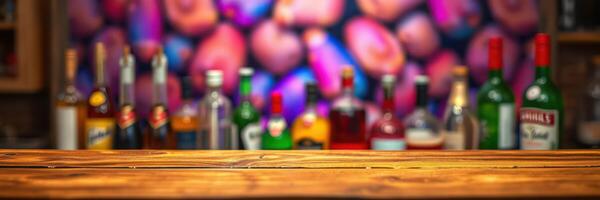Colorful bar background showcasing a variety of liquor bottles on wooden countertop in an inviting setting photo