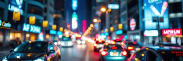 City streets bustling with traffic and vibrant lights in a lively urban setting at night photo