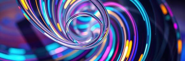 Swirling colorful lights create a mesmerizing visual in a dark setting, showcasing vibrant patterns and dynamic movement photo