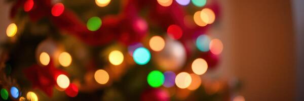 Brightly colored holiday lights create a warm atmosphere around the Christmas tree in a cozy living room setting photo