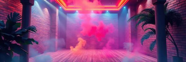 Brightly lit indoor venue with colorful smoke and neon lights for events photo