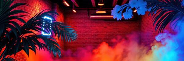 Vibrant indoor space with neon lights and colorful fog creates a lively atmosphere for gatherings and events photo