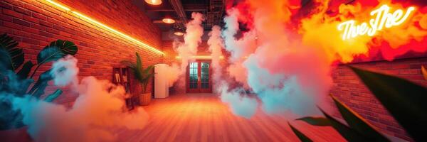Modern event space with dramatic lighting and fog effects in urban setting for creative gatherings photo