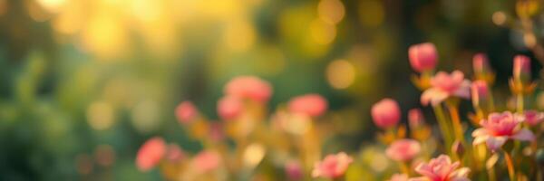 Bright morning light illuminates a garden filled with blooming pink flowers in springtime photo