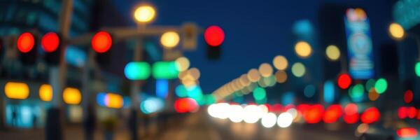 Nighttime city intersection with traffic lights illuminating the urban landscape and blurred motion of vehicles photo