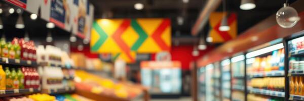 Colorful grocery store interior showcasing fresh produce and beverages in a vibrant shopping environment photo