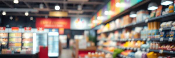 Modern grocery store interior with colorful displays and a variety of products for shoppers photo
