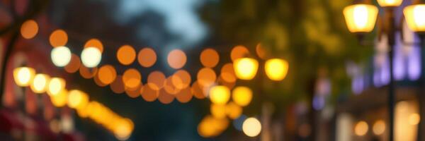 Evening street adorned with warm lights and festive atmosphere in a lively urban area photo