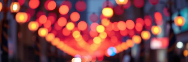 Lanterns illuminate festive street during evening celebration in vibrant city photo