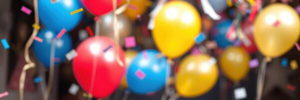 Colorful balloons and confetti create a festive atmosphere at a celebration event photo