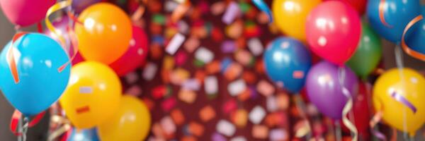 Colorful balloons and confetti create a festive atmosphere for a joyful celebration in a decorated space photo