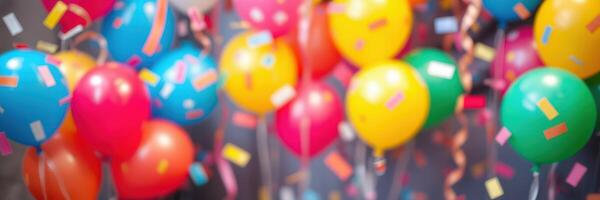 Colorful balloons float in celebration during a festive occasion with confetti and streamers in a lively atmosphere photo