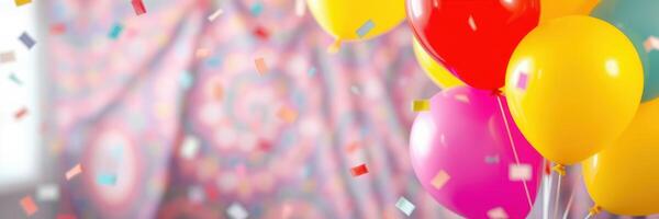 Colorful balloons and confetti create a festive atmosphere for a celebration at a party indoors during a joyful event photo