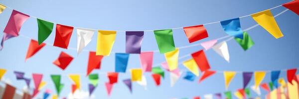 Colorful flags sway in the breeze under a clear blue sky during a festive celebration or event photo