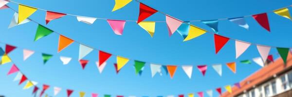 Colorful bunting flags decorate a bright blue sky at a festive outdoor celebration in a lively community setting photo