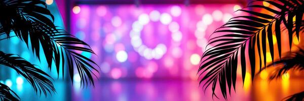 Colorful lights illuminated in a festive setting with palm leaves framing the vibrant background at an evening event photo