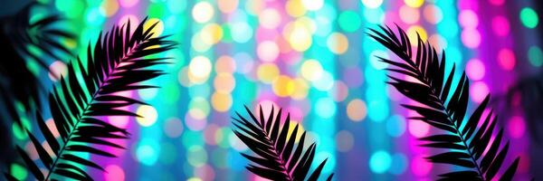 Colorful bokeh lights create a vibrant background with palm leaves in the foreground during a festive party atmosphere photo