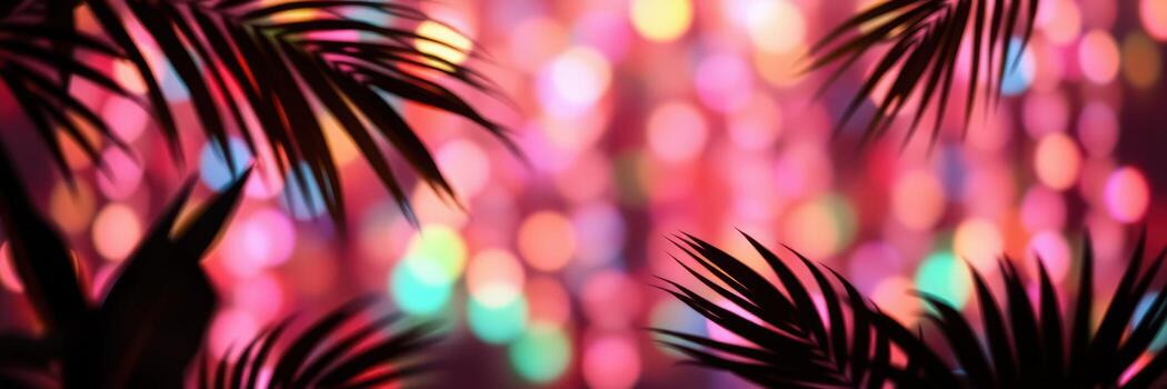 Vibrant bokeh lights create a festive atmosphere surrounded by palm leaves in a tropical setting photo