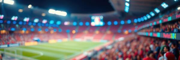 Exciting soccer match atmosphere in a stadium with enthusiastic fans and bright lights photo