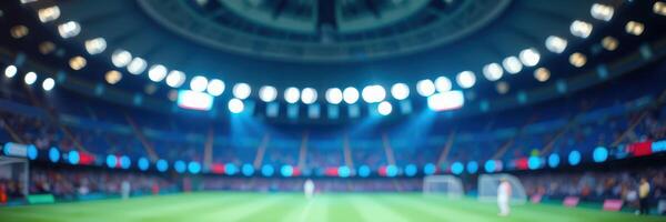 Exciting soccer match in a vibrant stadium during the evening with bright lights and enthusiastic fans photo