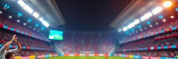 Excited fans celebrate as their team scores a late goal during a thrilling soccer match at a vibrant stadium photo