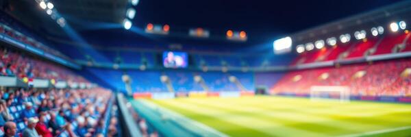 Crowd enjoys thrilling match at stadium with colorful seating under bright lights and a vibrant atmosphere photo