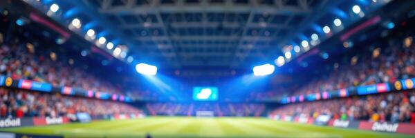 Exciting football match in a packed stadium under bright lights at night photo
