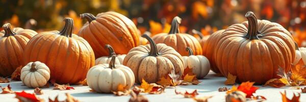 Fall harvest display featuring various pumpkins and colorful autumn leaves in a natural setting photo