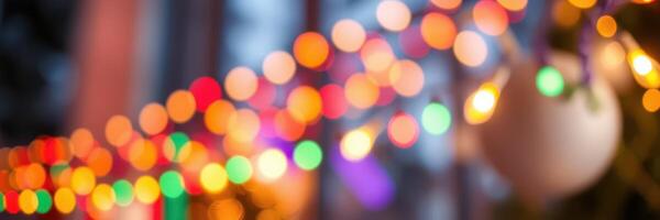 Colorful string lights illuminate a festive outdoor gathering during twilight hours in a vibrant neighborhood photo