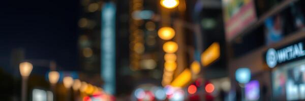 Urban nightlife with illuminated streetlights and blurred city outlines creating a vibrant atmosphere photo
