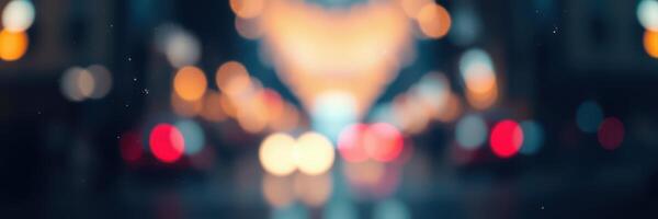 Colorful city lights illuminate a busy street at dusk with blurred car headlights creating a vibrant atmosphere photo