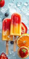 Colorful fruit popsicles resting on ice with fresh fruits on a blue background photo