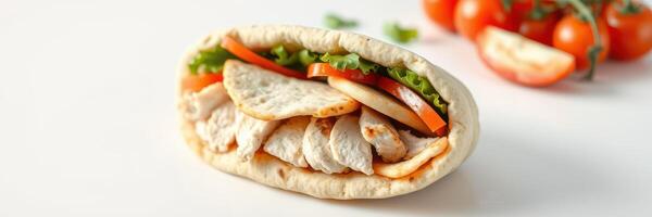 Freshly made chicken wrap with vegetables and tomatoes on a white background photo